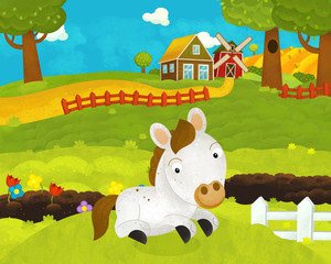 cartoon happy and funny farm scene with happy horse - illustration for children