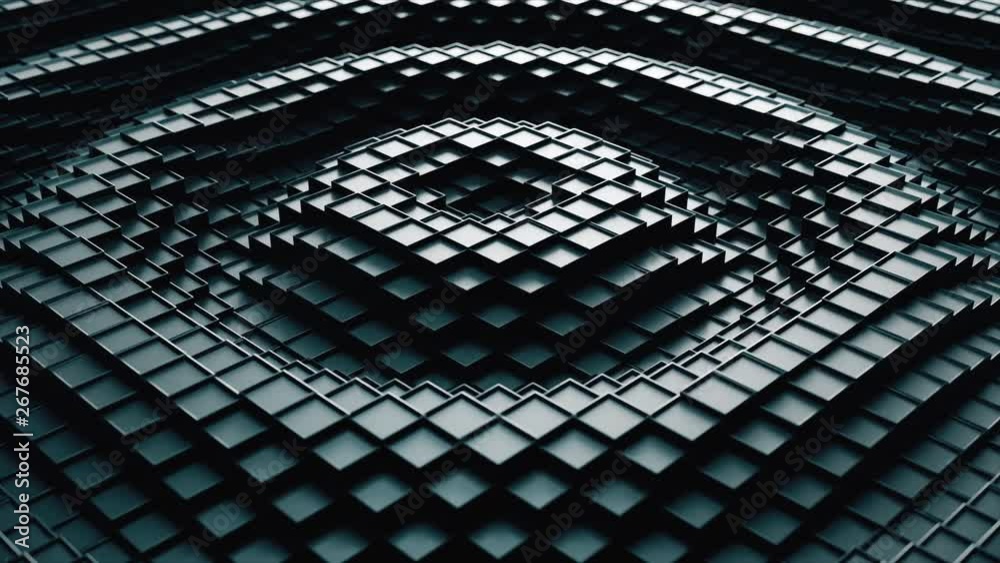 Poster 3d render. dark plastic cubic surface in wave motion. abstract seamless loop 3d animation of cubes m