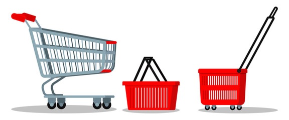 Empty supermarket chrome metal trolley cart with wheels, red plasyic shopping basket icon set for goods isolated on white background. Vector cartoon flat style illustration, element of graghic design.