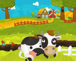 cartoon happy and funny farm scene with happy cow - illustration for children