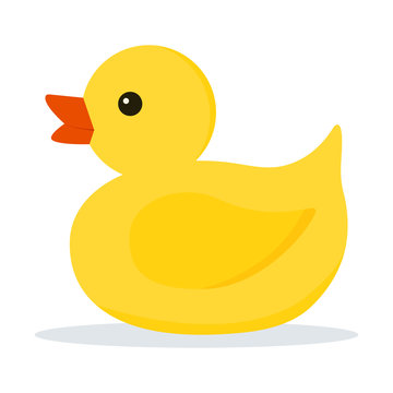 Icon of cute little yellow rubber or plastic duck toy for bath isolated on white background. Vector flat cartoon style design element bathing baby toy illustration.
