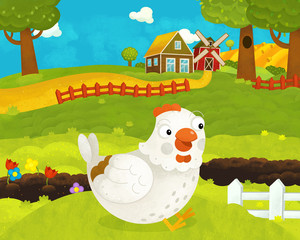 cartoon happy and funny farm scene with happy rooster chicken or hen - illustration for children