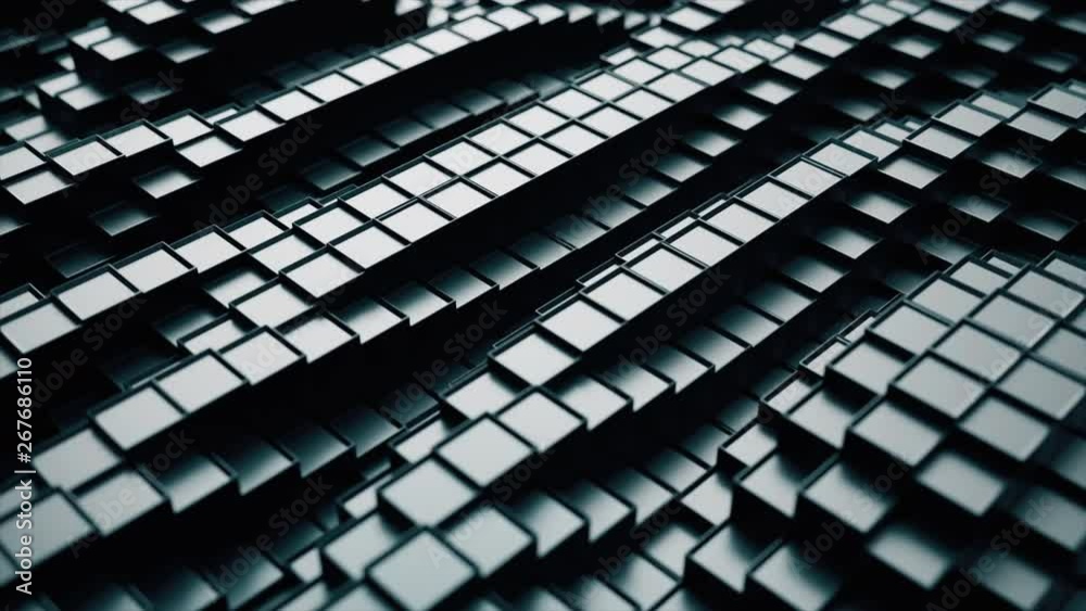 Poster 3d render. dark plastic cubic surface in wave motion. abstract seamless loop 3d animation of cubes m