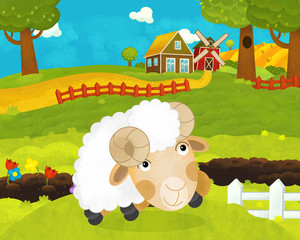 cartoon happy and funny farm scene with happy sheep - illustration for children