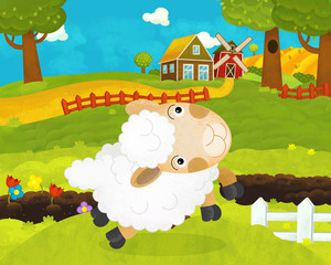 cartoon happy and funny farm scene with happy sheep - illustration for children