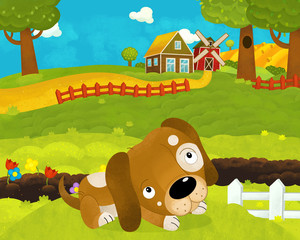 cartoon happy and funny farm scene with happy and funny dog - illustration for children