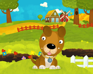 Obraz na płótnie Canvas cartoon happy and funny farm scene with happy and funny dog - illustration for children