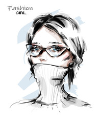 Hand drawn beautiful young woman in eyeglasses. Stylish elegant girl. Fashion woman look. Sketch. Vector illustration.
