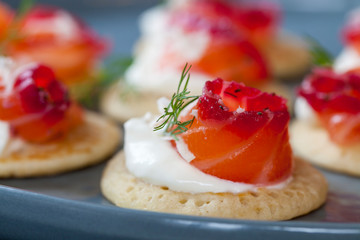 Party blinis with beetroot cured salmon, cream and horseradish 
