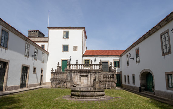 Nice view of the white buildings and fountain in the Pazo de Mari&ntilde;&aacute;n in Galicia, Spain.