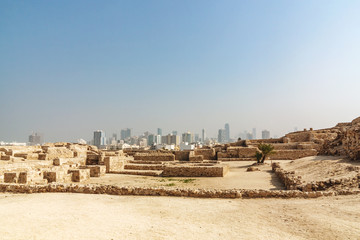 Fort of Bahrain ruin in Manama, Bahrain. Qal'at al-Bahrain Site Museum, UNESCO heritage, panoramic view