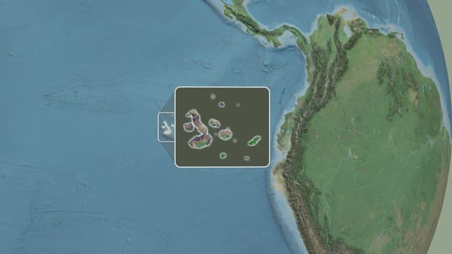 Galapagos Islands area bounds outlined on the end cap of rectangular tube and animated against the spinning satellite globe. Animation 3D