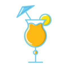 Alcoholic delicious juicy cocktail drink in a glass with an umbrella and lemon lime orange and straw icon on a white background. Vector illustration