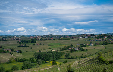 Langhe Monferrato wine area of Piedmont, Italy. Wine tasting region. Famous italian vineyards