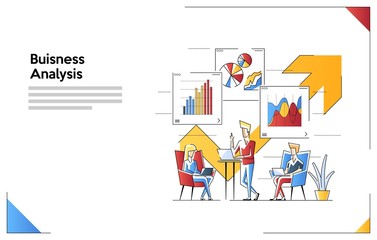 Vector illustration of business and speaker. Office workers are work on a laptop. The analysis of the evolutionary scale. People team work together