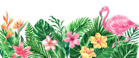 Obraz premium Tropical Watercolor Foliage Floral Border
