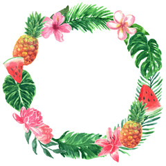 Tropical Watercolor Foliage Floral Wreath