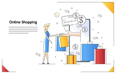 Online shopping banner, mobile app templates, concept vector illustration flat design. Female picks up purchases