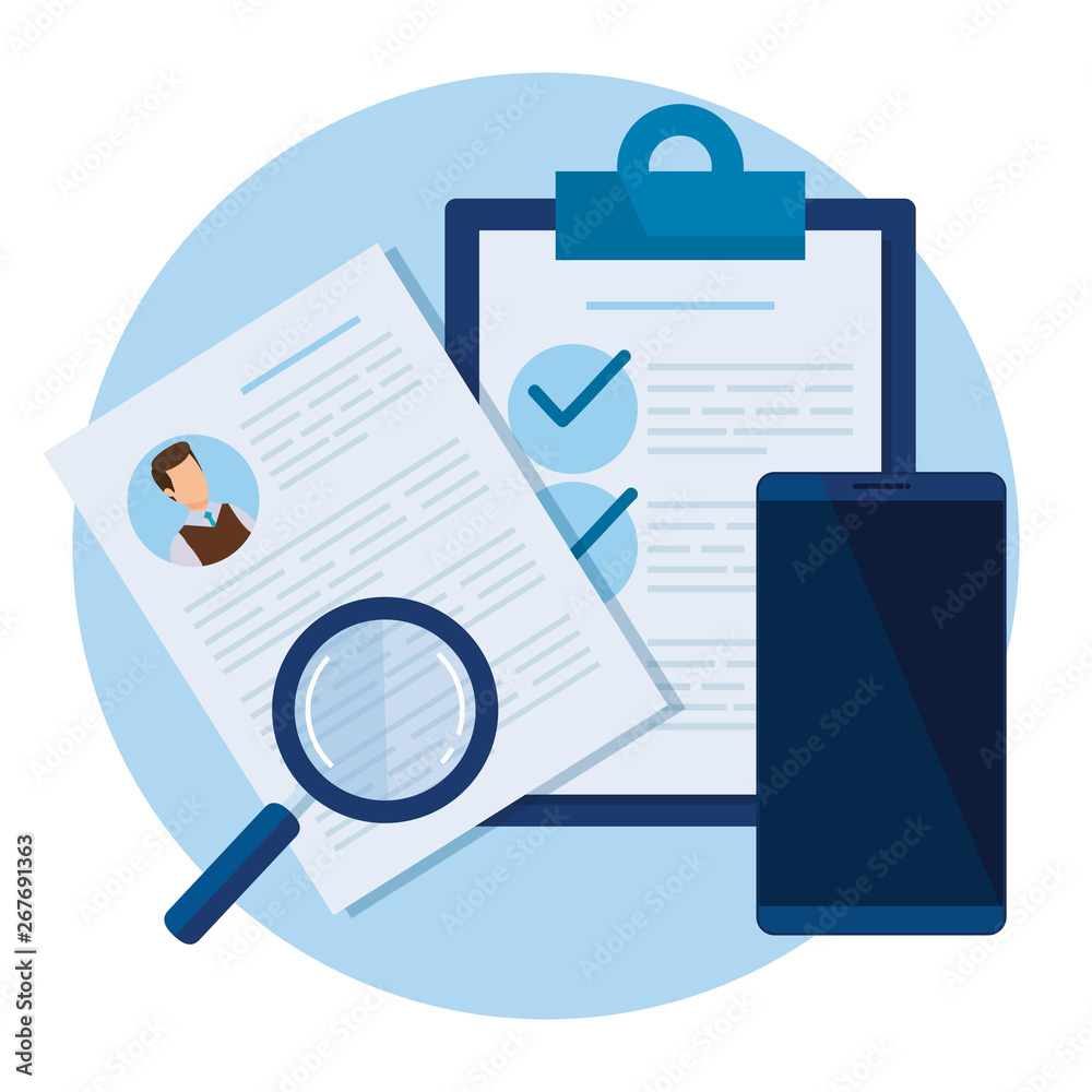 Poster curriculum vitae with magnifying glass and smartphone