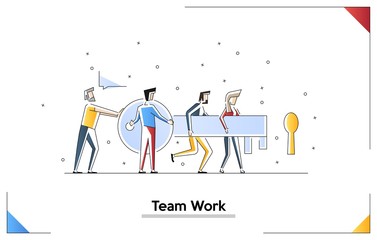 Flat design vector illustration concept of team work. males and female go with a key. Tiny people with a giant key.