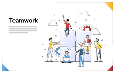 Teamwork concept banner. Can use for web banner, infographics, hero images. Flat line art vector illustration isolated on white background.