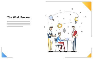 Team work process concept illustration. Vector flat line art illustration on group of workers meeting on planning and marketing research