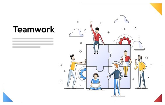 Teamwork concept banner. Can use for web banner, infographics, hero images. Flat line art vector illustration isolated on white background.