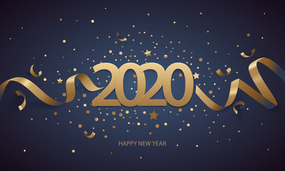 Obraz na płótnie Canvas Happy New Year 2020. Golden numbers with ribbons and confetti on a dark blue background.
