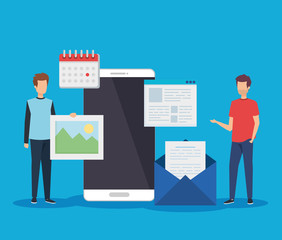 men with smartphone technology and document information