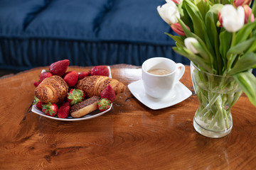 Good morning breakfast or coffee break set background.