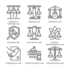 Law fields related, square line vector icon set for applications and website development. The icon set is pixelperfect with 64x64 grid. Crafted with precision and eye for quality.