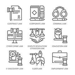 Fototapeta premium Law fields related, square line vector icon set for applications and website development. The icon set is pixelperfect with 64x64 grid. Crafted with precision and eye for quality.