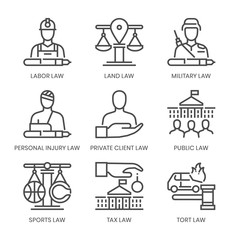 Law fields related, square line vector icon set for applications and website development. The icon set is pixelperfect with 64x64 grid. Crafted with precision and eye for quality.