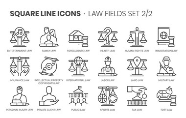 Law fields related, square line vector icon set for applications and website development. The icon set is editable stroke, pixel perfect and 64x64. Crafted with precision and eye for quality. - Powered by Adobe
