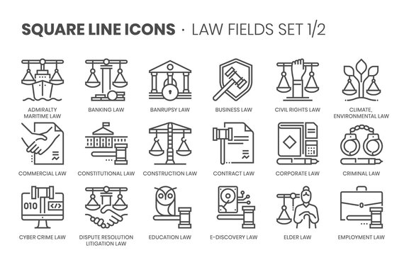 Law fields related, square line vector icon set for applications and website development. The icon set is editable stroke, pixel perfect and 64x64. Crafted with precision and eye for quality.