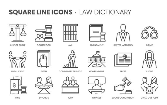 Law dictionary related, square line vector icon set for applications and website development. The icon set is editable stroke, pixel perfect and 64x64. Crafted with precision and eye for quality.