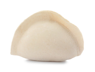 Raw dumpling with tasty filling on white background