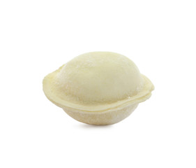 Raw dumpling with tasty filling on white background