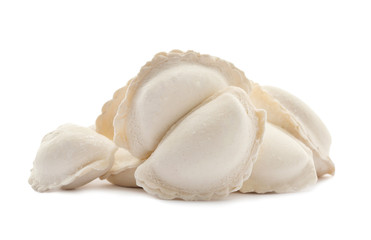 Heap of raw dumplings on white background