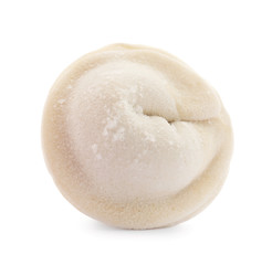 Raw dumpling with tasty filling on white background