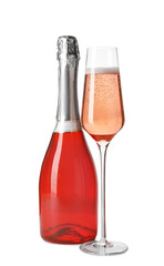 Bottle and glass of rose champagne isolated on white. Mockup for design