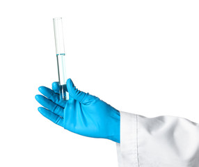 Scientist holding test tube with liquid on white background. Chemical research