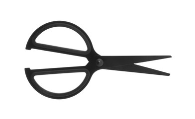 Pair of sharp scissors on white background