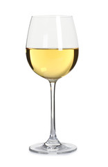 Glass of delicious expensive wine on white background