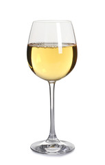 Glass of delicious expensive wine on white background