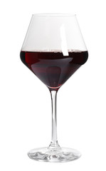 Glass of delicious expensive red wine on white background
