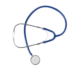 Stethoscope on white background, top view. Medical device