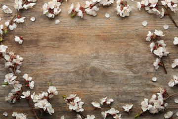 Frame made of beautiful fresh spring flowers on wooden table, top view with space for text