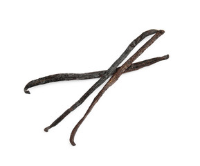 Dried aromatic vanilla sticks on white background, top view