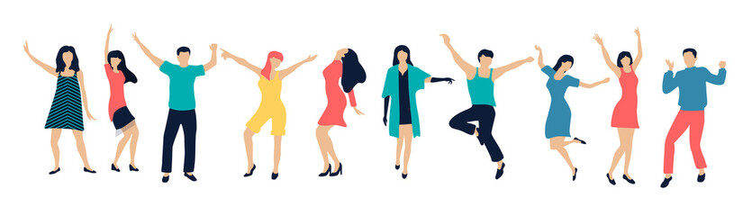 Set of happy dancing people. Color silhouettes isolated on white, flat style.